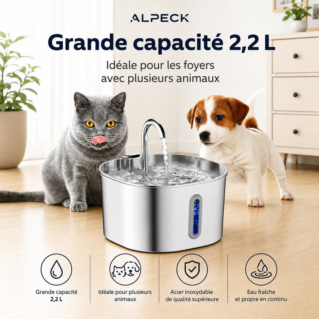 Fontaine à eau ALPECK de 2,2 L pour chats et foyers avec plusieurs animaux