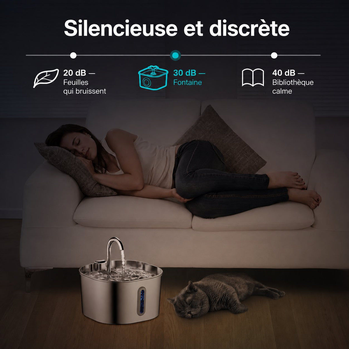 Fontaine à eau ALPECK silencieuse avec niveau sonore annoncé de 30 dB